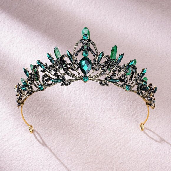 Gothic Rhinestone Fairy Crown Green Vintage Queen Costume Headpiece - Picture 3 of 6